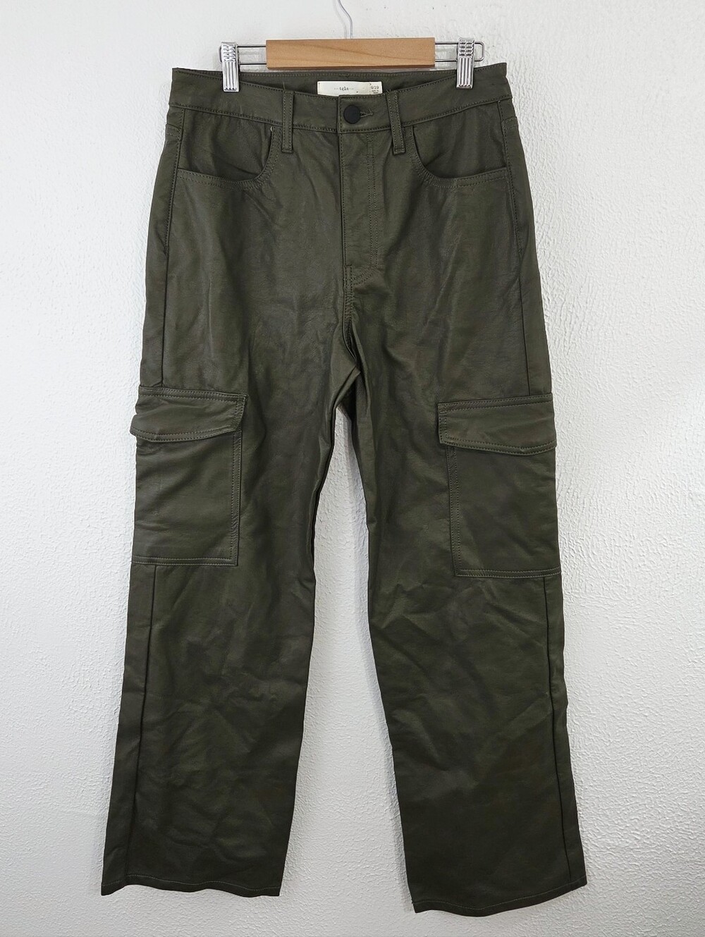 TGLA Women's Vegan Faux Leather Urban Cargo Pants dark olive green size 9 / 29